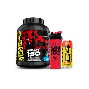 Proteína Hardcore Iso, pre-entreno C4 y shaker Mutant.
