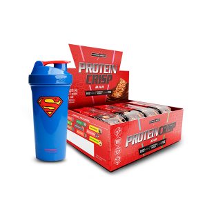 Caja de barras proteicas y shaker Superman.
